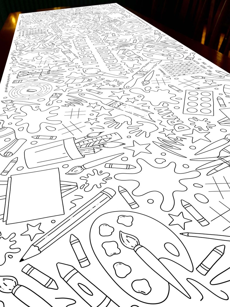May include: Black and white line art illustration of art supplies, including paintbrushes, paint palettes, pencils, crayons, and a paint splattered background. The text "Happy Birthday Elizabeth" is written in a stylized font.