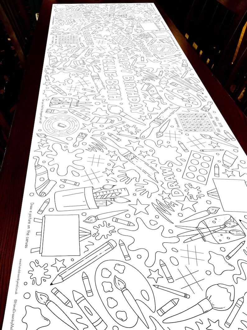 May include: A black and white coloring page featuring a birthday message for "Ellie-Beth" with the words "Happy Birthday". The page is filled with art supplies like paintbrushes, pencils, paint palettes, and stars. The text "Draw a picture on the canvas" is included.