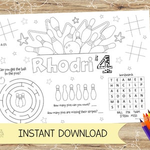 Atividade de boliche personalizada e jogo americano para colorir. Perfeito para festas infantis, pistas de boliche – DOWNLOAD DIGITAL – A4 ou US Letter