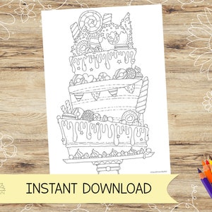 ¡El pastel de celebración de 3 pisos definitivo! ¡Página para colorear para adultos! Descarga digital instantánea en PDF, JPEG en A4 y Carta EE. UU.
