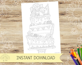 May include: A black and white line drawing of a tall, multi-tiered cake decorated with frosting, sprinkles, candies, and flags. The cake is on a pedestal and has a dripping frosting effect.