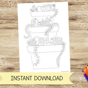 May include: Black and white line drawing of three stacked flower pots filled with various succulents and cacti. The words "INSTANT DOWNLOAD" are in a yellow banner. Colored pencils are in the bottom right corner.