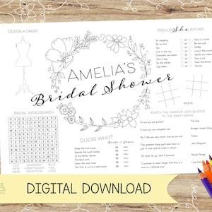 Personalised Bridal Shower Activity and Colouring Sheet/Placemat. Perfect for a family friendly Hen do – DIGITAL DOWNLOAD – A4 or US Letter