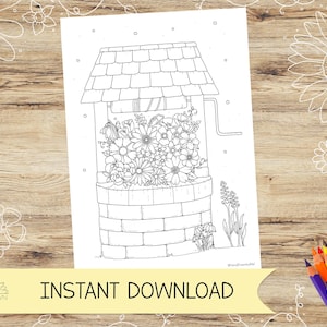 Può includere: Disegno a tratto in bianco e nero di un pozzo pieno di fiori. Il pozzo ha un design a mattoni e un tetto. Le parole "INSTANT DOWNLOAD" sono in uno striscione in basso. Matite colorate nell'angolo in basso a destra.