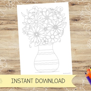 Ein Blumenstrauß in einer Vase Ausmalseite für Erwachsene und Kinder! Muttertag. Sofortiger digitaler Download PDF, Jpeg in A4 und US Letter