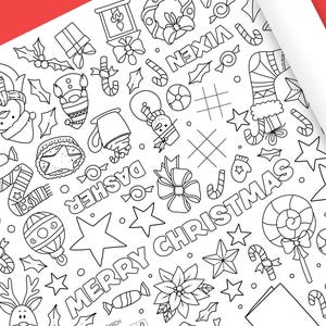 May include: Black and white Christmas themed wrapping paper with a repeating pattern of stars, candy canes, reindeer, baubles, and the words "Merry Christmas".