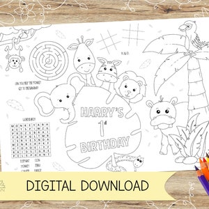 Personalised  Cute Zoo Jungle Animals Activity and Colouring Sheet/Placemat. Perfect for Kids Parties – DIGITAL DOWNLOAD – A4 or US Letter