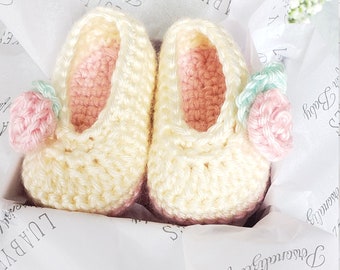 Rosey Baby Booties, Baby girl Booties, Yellow Booties, Baby Shoes, Crochet Booties