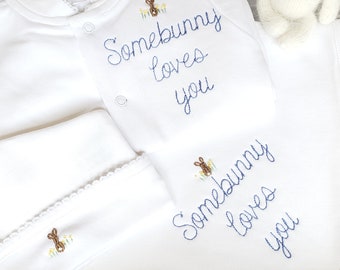 Embroidered baby gift "Somebunny Loves You", Baby boy gift, Baby girl gift, Newborn gift set, Baby shower gift for mom, New mom gift.