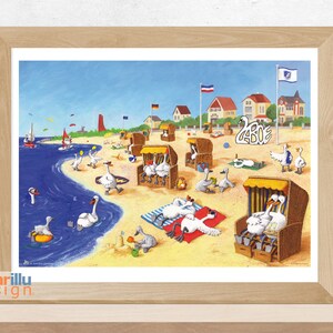Könnte beinhalten: Eine farbenfrohe Illustration einer Strandszene mit weißen Schwänen, die Badeanzüge und Sonnenbrillen tragen. Die Schwäne entspannen sich in Strandkörben, spielen im Wasser und bauen Sandburgen. Der Strand ist gesäumt von bunten Strandhäusern und Flaggen.
