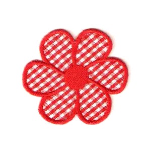 May include: Red gingham flower patch with a white background.
