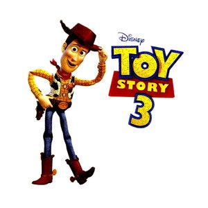 May include: Woody, the cowboy doll from Toy Story, is wearing his signature brown hat and yellow vest. He is smiling and holding his hat with his right hand. The text "Disney Toy Story 3" is in the background.