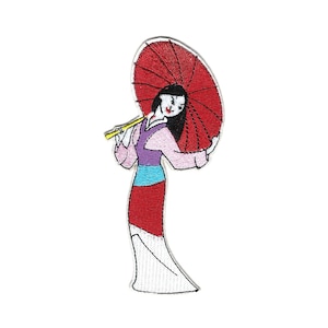 May include: Embroidered iron-on patch featuring a woman in a traditional Chinese dress holding a red umbrella. The woman has black hair and is smiling. The patch is perfect for adding a touch of Asian culture to your clothing or accessories.