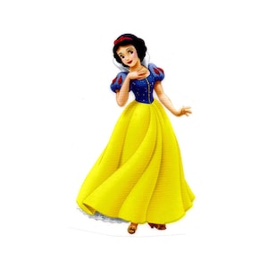 May include: Snow White, a Disney princess, is wearing a yellow dress with a blue bodice and a red bow in her hair. She is smiling and holding her hand to her chest.