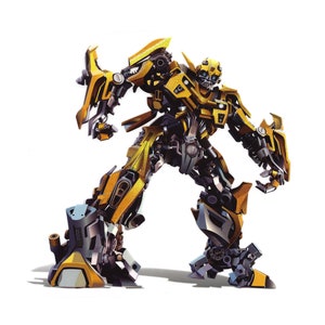 Könnte beinhalten: Detaillierte Illustration eines gelb-schwarzen Robotercharakters, der mit einem Bein nach vorne steht. Der Roboter hat komplizierte mechanische Details und eine dynamische Pose, vor weißem Hintergrund.