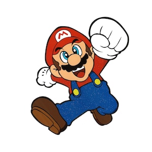 7X6,5" Mario stort glitter Stryk-på-överföring Dekor värmevinyl Super Mario Bros blå overall röd hatt videospelspelare