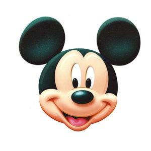 May include: A cartoon illustration of Mickey Mouse with black ears and a black outline around his face. His face is light brown with a black nose and large black eyes. He is smiling with a pink tongue sticking out.