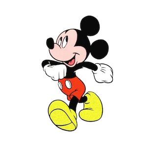May include: A cartoon illustration of Mickey Mouse walking with a big smile. He is wearing his signature red shorts with white buttons and yellow shoes.