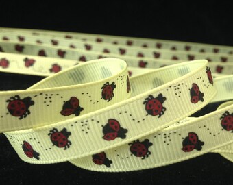 3/8" inch LADYBUG pattern on yellow grosgrain RIBBON DIY bows and craft projects 1 yd red bug polka dot insect butterfly garden flower