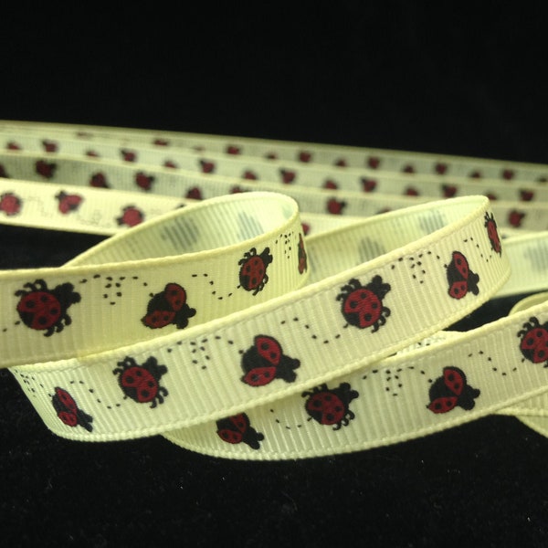 3/8" inch LADYBUG pattern on yellow grosgrain RIBBON DIY bows and craft projects 1 yd red bug polka dot insect butterfly garden flower