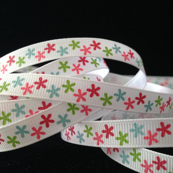 3/8" inch STARFLOWER colorful star pattern on white grosgrain RIBBON DIY bows and craft projects 1 yd blue green pink maroon lime green star