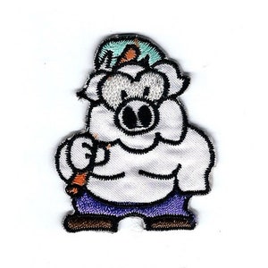May include: White cartoon pig wearing a blue and green hat, white shirt, purple pants, and brown shoes. The pig is holding a brown object in its right hand.