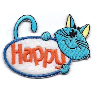 May include: Blue cat holding a white oval with the word "Happy" in orange letters. The cat has a yellow ear and a blue tail.