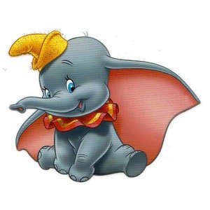 May include: A cartoon illustration of a gray elephant with a yellow hat and a red and white striped collar. The elephant has large ears and a long trunk.