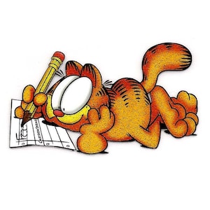 3.25X2" Fat Cat lay down writing letter glitter IRON On TRANSFER Decor Heat Vinyl orange kitty paper pencil penpal