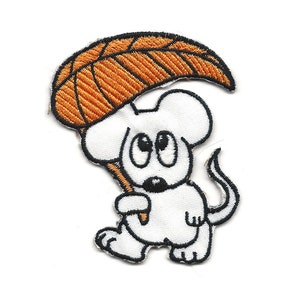 May include: A white cartoon mouse with big eyes holding a brown leaf umbrella. The mouse is walking and has a black outline.