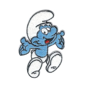 May include: A blue cartoon Smurf with a white hat and white shoes is running. The Smurf is smiling and has a red mouth.