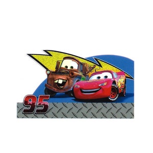 May include: A blue, yellow, and red Cars themed party decoration featuring Lightning McQueen and Mater. The decoration has a gray, diamond-patterned background with the number 95 in red.