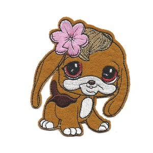 3X3.5" Littlest Pet Shop DOG Embroidered IRON ON Patch / Sew On Patch applique collie puppy corgi cocker spaniel dog breed pink flower