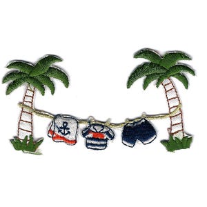 May include: An embroidered patch with two palm trees and a clothesline with three items of clothing hanging on it. The clothing includes a white shirt with a blue anchor, a blue and white striped shirt, and blue shorts.