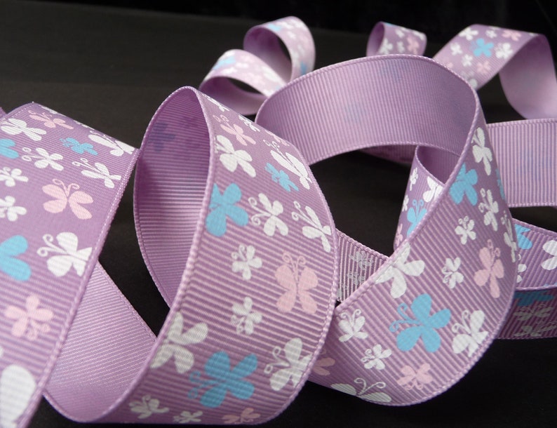 1 yard wedding favor birthday decor gift diy hair bow 1 inch BUTTERFLY on lavender lilac orchid purple grosgrain RIBBON