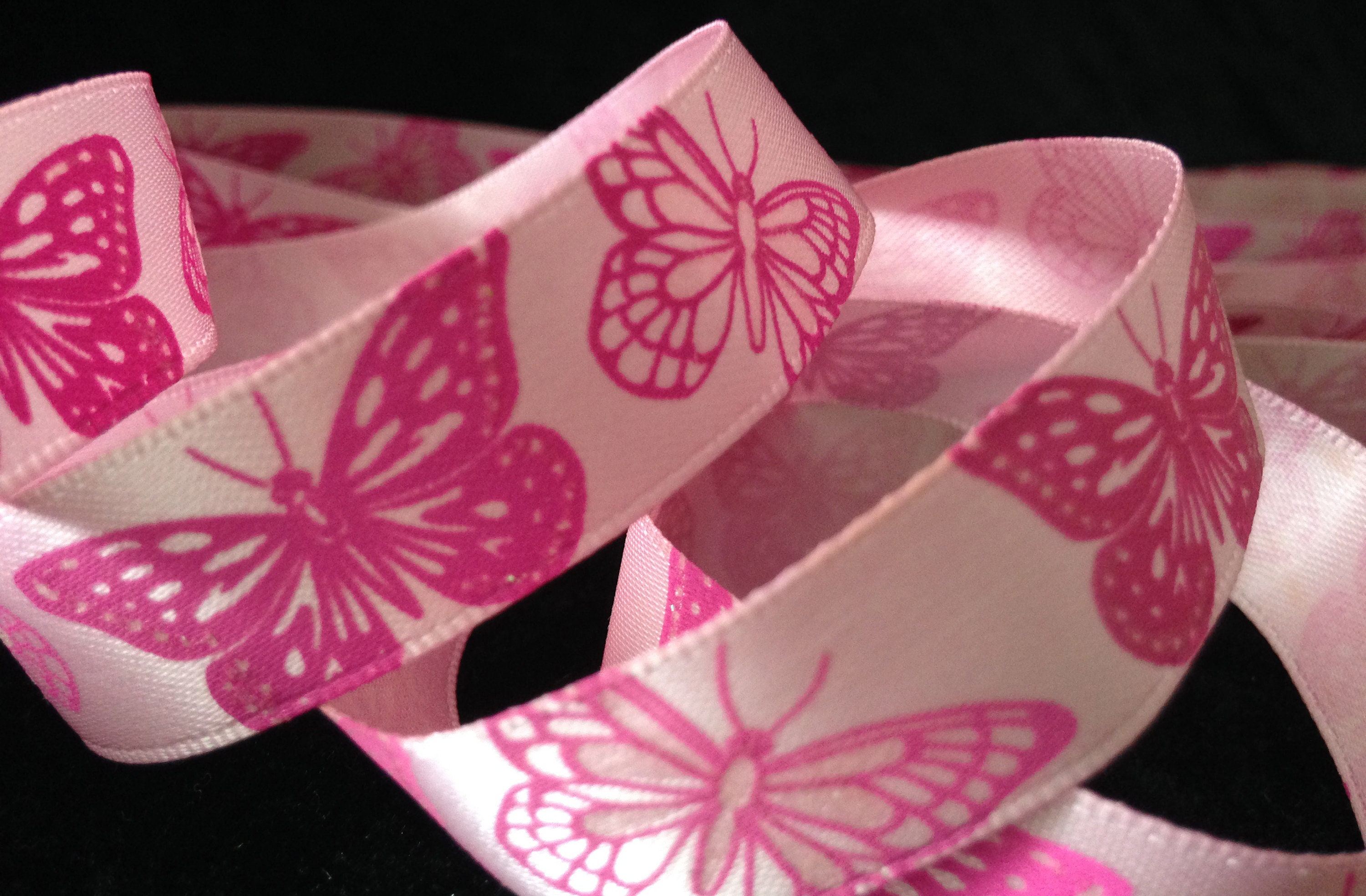 5/8 Inch Pink Glitter Butterfly Satin RIBBON - 1 Yard Wings Butterfly ...