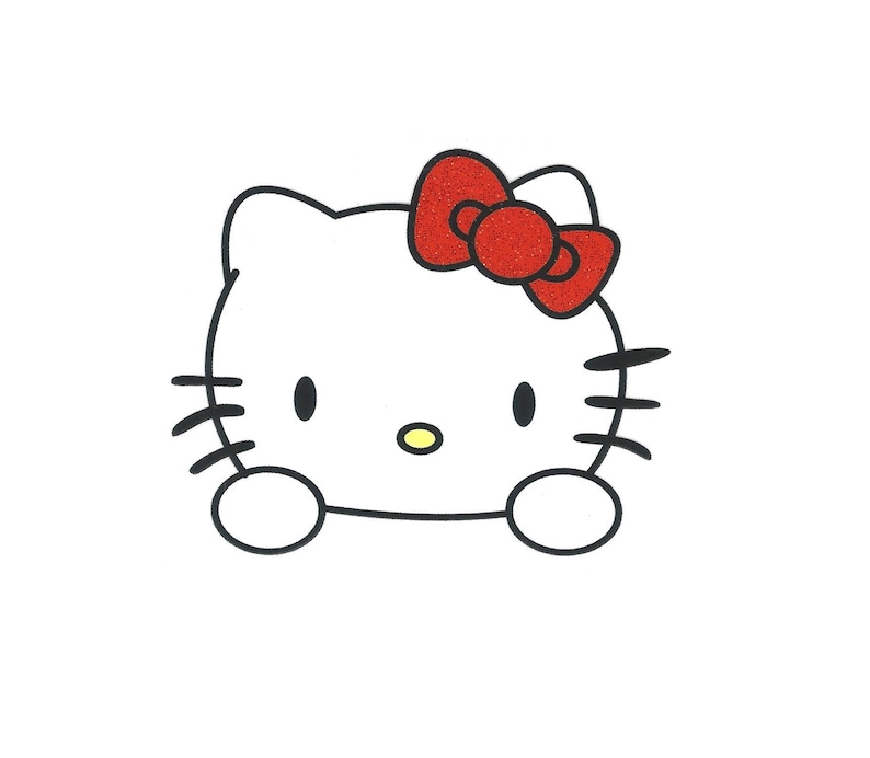 May include: A black and white line drawing of Hello Kitty with a red bow. The bow has a sparkly texture.
