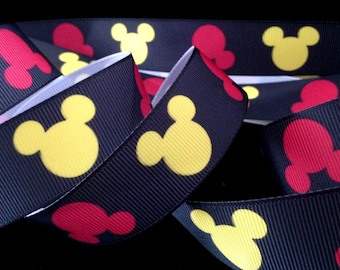 1 inch Mickey Mouse RIBBON - 1 yard Disney mickey ears DIY bow hair clip gift bow black grosgrain yellow red head pattern