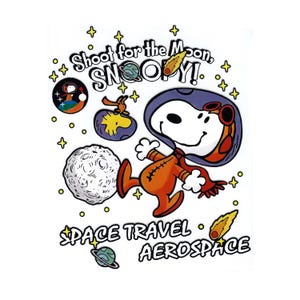 May include: A cartoon illustration of Snoopy in an orange spacesuit with a purple helmet, floating in space. The image includes a moon, planets, stars, and the text "Shoot for the Moon, Snoopy!" and "Space Travel Aerospace."
