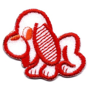 May include: Red and white felt applique of a cartoon dog with its head turned to the side. The dog is sitting with its legs tucked under its body.