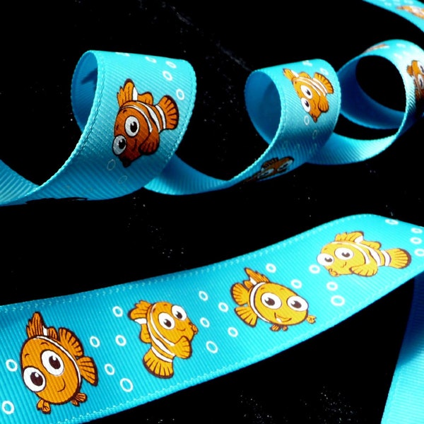 1 pulgada NEMO pez payaso en Encontrar Nemo Dory tema océano Disney grosgrain RIBBON burbujas de agua azul naranja bajo el mar grosgrain