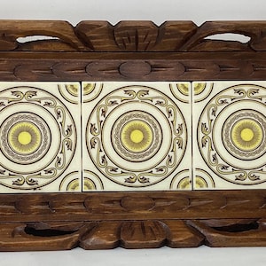 Vintage hand carved wooden tray with tiles