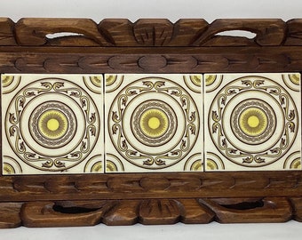 Vintage hand carved wooden tray with tiles