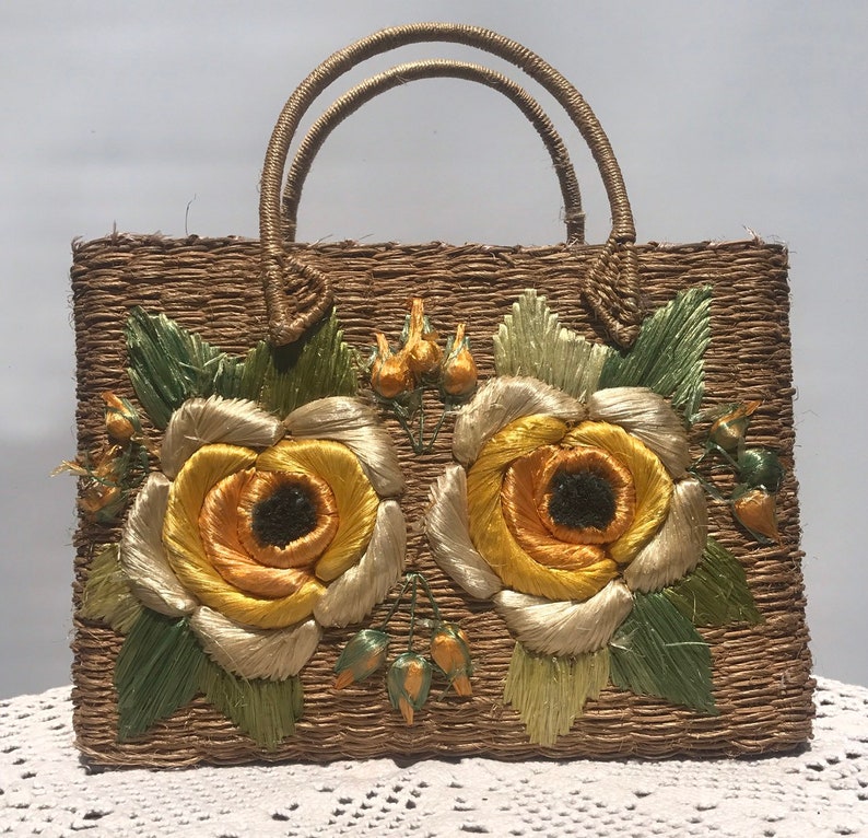 Vintage straw bag with pretty yellow flowers image 0