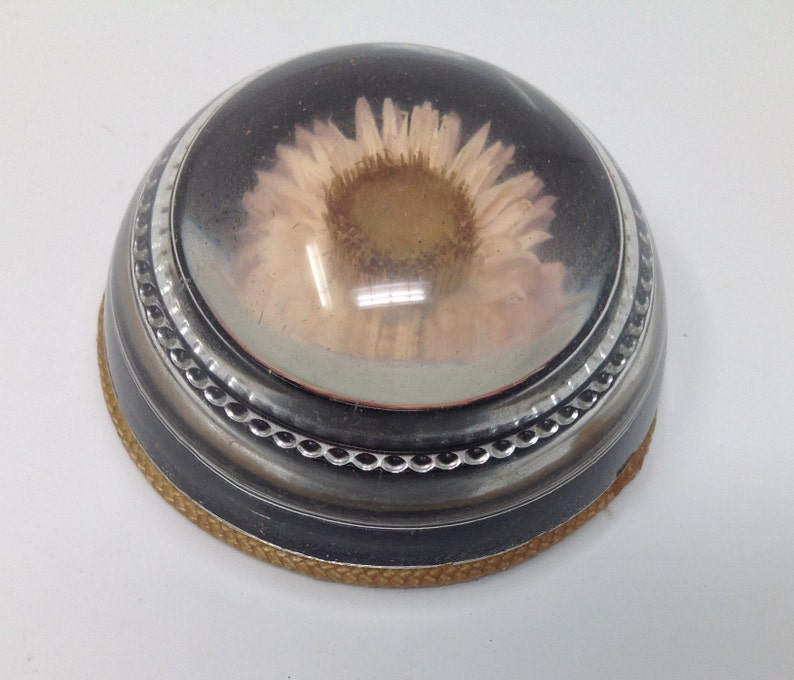 May include: A round, silver-coloured trinket box with a glass top. A dried pink flower is encased in the glass.