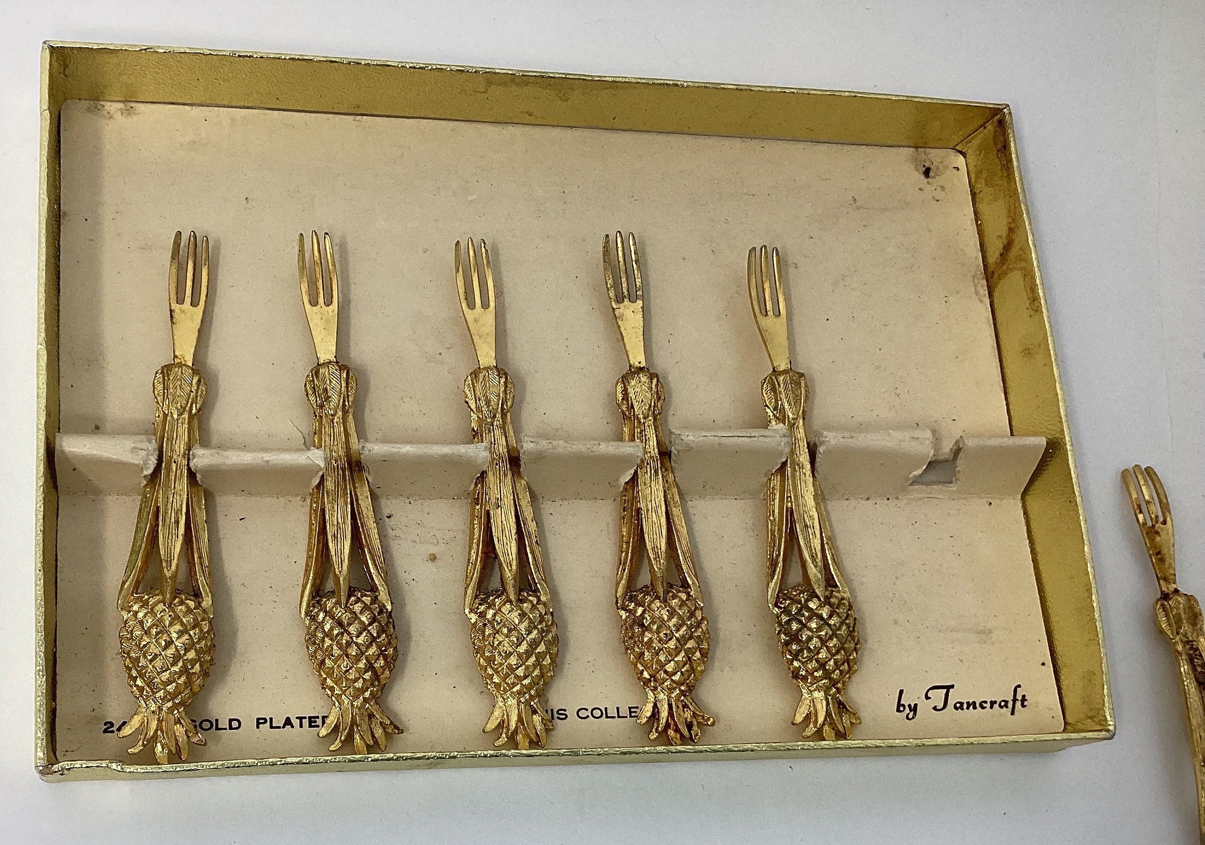 Vintage Set of 6 Tancraft Pineapple Picks 24k Gold Plated Janis  display picture 1
