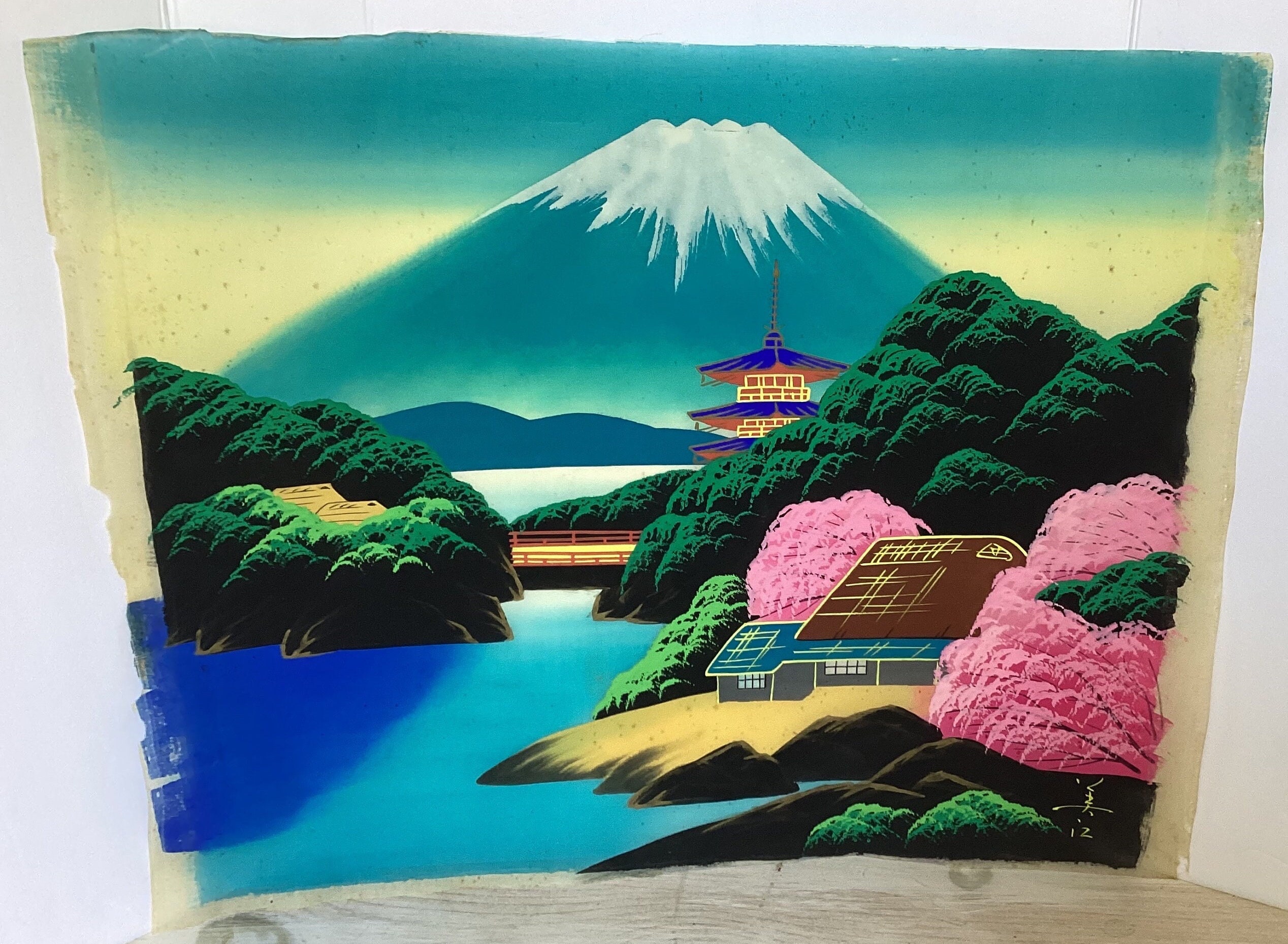 MYCE silk screen プリント　版画 Vintage Hand Painted Silk Screen With Landscape Scene - Etsy