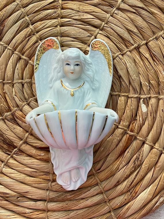 Vintage White Angel With Gold Accents Wall Pocket - Etsy