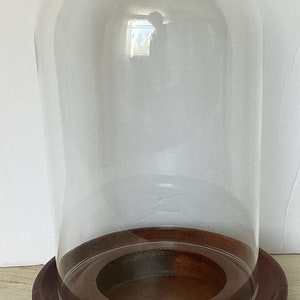 Vintage glass display dome with round wooden base