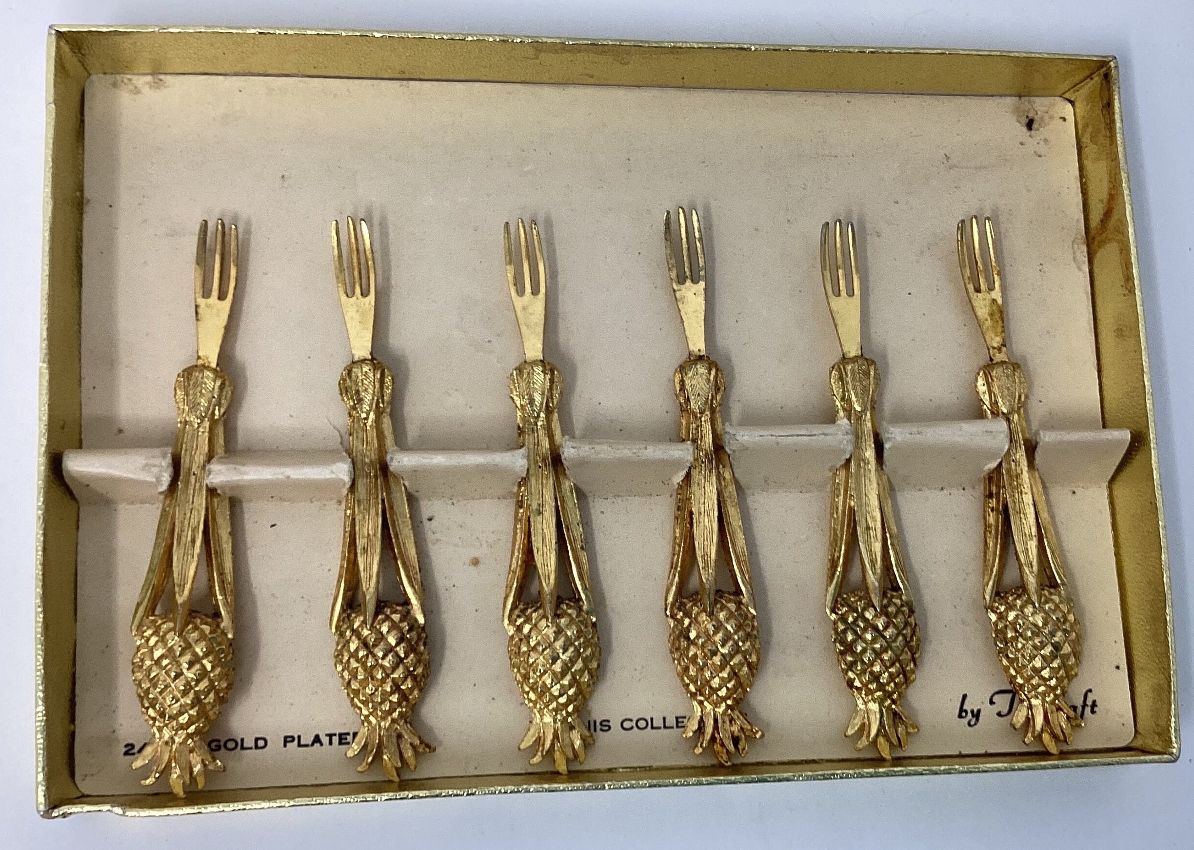 Vintage Set of 6 Tancraft Pineapple Picks 24k Gold Plated Janis